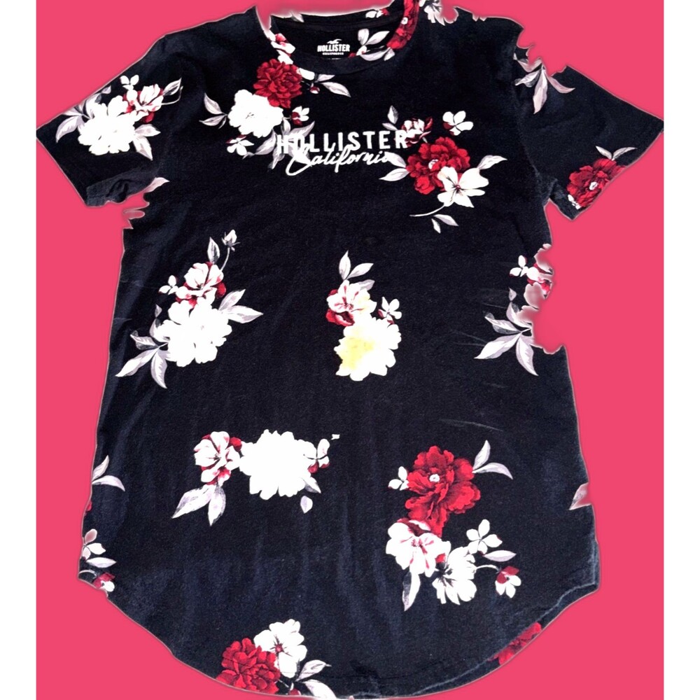 Hollister Logo Women’s Size Extra Small Black Floral Crew Neck T Shirt